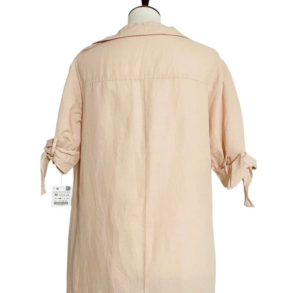 Zara Basic Womens Medium Linen Blend Button Down Tie Sleeve Tunic Dress